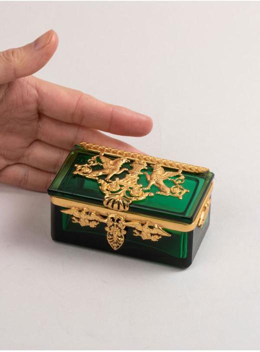 独角鹿西洋古董法国帝政风格斯芬克斯主题铜鎏金绿色水晶珍宝盒 商品图1