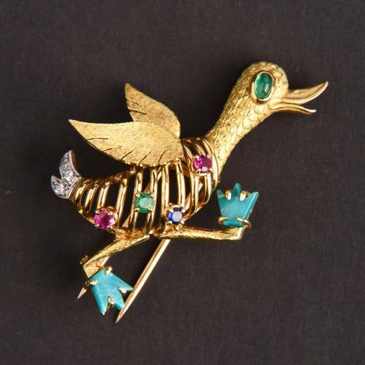 独角鹿西洋古董珠宝首饰法国黄金镶嵌宝石小鸭造型胸针 商品图0