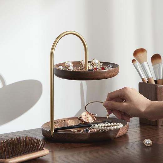 初心| 圆形双层果盘北美黑胡桃木黄铜托盘 商品图1