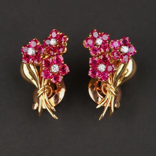 独角鹿西洋古董18K金镶钻石红宝石花束造型胸针耳环套装 商品图2