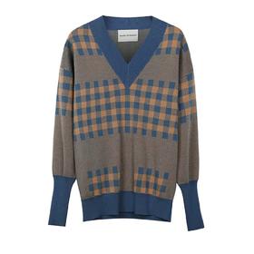 V领格纹针织上衣