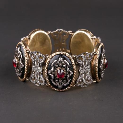 独角鹿西洋古董法国FROMENT MEURICE黄金纯银石榴石珐琅手链手镯 商品图0