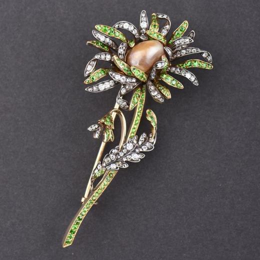独角鹿西洋古董首饰珠宝奥地利金银镶嵌钻石翠榴石天然珍珠胸针 商品图4