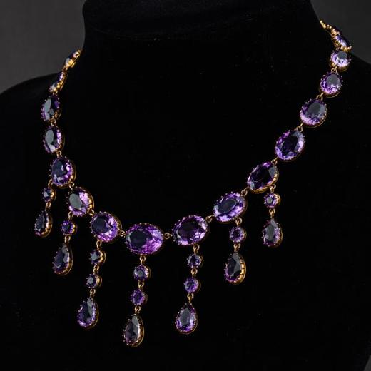 独角鹿西洋古董珠宝首饰1850年代法国15K金镶嵌紫水晶流苏项链 商品图4