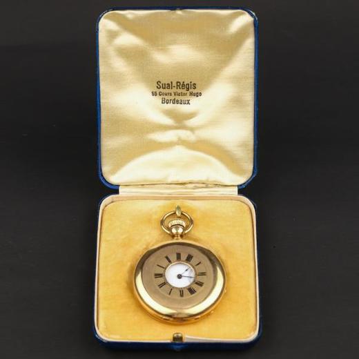 独角鹿西洋古董钟表瑞士宝矶半猎壳三开18K金雕花怀表珐琅彩钟面 商品图4