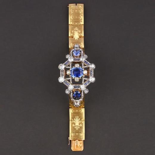 独角鹿西洋古董珠宝首饰法国18K金镶嵌钻石无烧蓝宝石手镯手链 商品图4