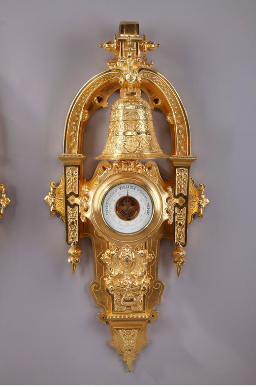 独角鹿西洋古董法国工坊签名教堂主题铜鎏金挂钟及气压计一对 商品图2