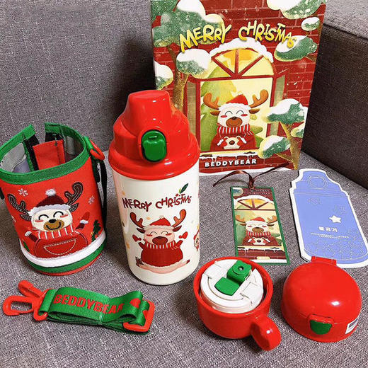 【圣诞礼物】杯具熊圣诞款口袋杯儿童保温杯幼儿园四叶草麋鹿喝水杯带杯套吸管(630ml) 商品图3