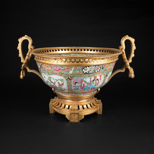 独角鹿西洋古董铜鎏金双耳底座嵌传统园邸人物中国广彩瓷潘趣酒碗 商品图0