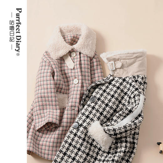 咕噜日记女童撞色毛领加厚格子呢大衣 DGW002 商品图0