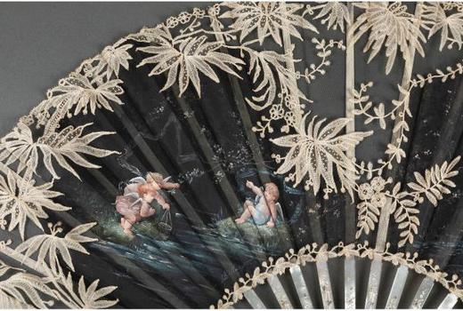 独角鹿西洋古董法国画师Lucie Boillat母贝扇骨手绘蕾丝扇面折扇 商品图2