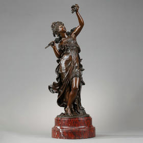 独角鹿西洋古董法国雕塑家签名红纹大理石底座青铜雕塑葡萄的寓意