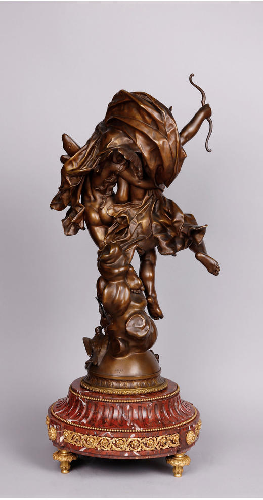 独角鹿西洋古董法国爱神铜鎏金镶嵌大理石底座青铜雕塑座钟摆件 商品图3