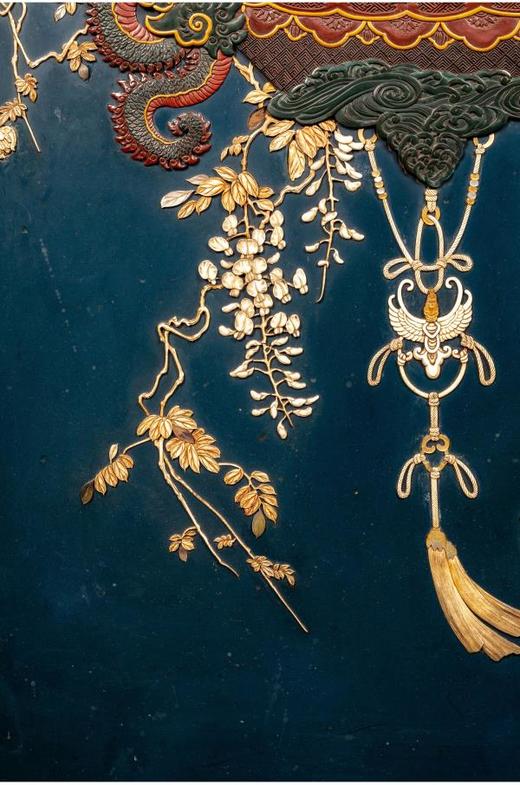 独角鹿西洋古董家居日本明治时期蓝漆地传统博古主题芝山镶嵌画 商品图3