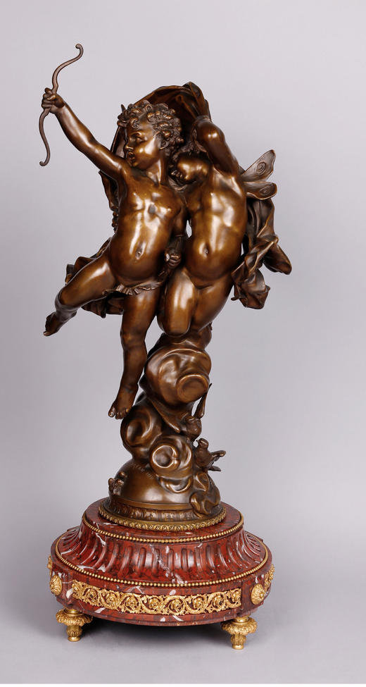 独角鹿西洋古董法国爱神铜鎏金镶嵌大理石底座青铜雕塑座钟摆件 商品图1