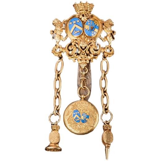 独角鹿西洋古董18k金银镀金镶嵌珐琅贵族定制印章钥匙腰链式怀表 商品图4