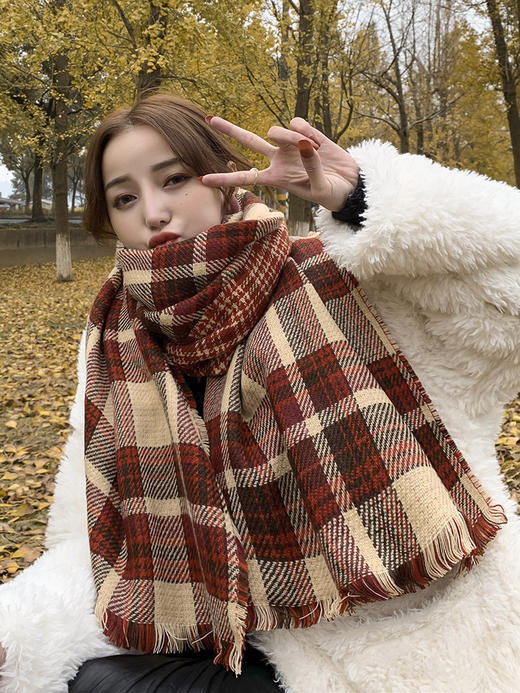 【秋冬必备~时尚男女围巾！】百搭新款经典英伦复古红色格子围巾女秋冬季韩版百搭双面千鸟格学生围脖潮 挚爱之选~ 商品图3
