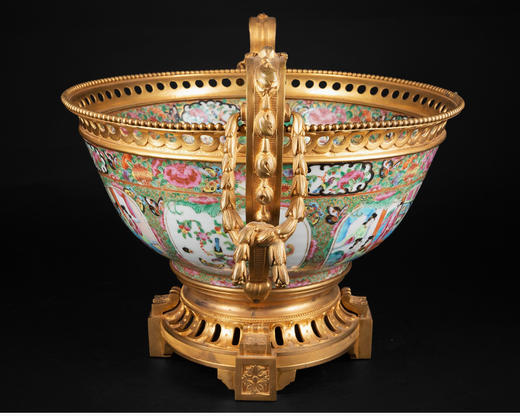 独角鹿西洋古董铜鎏金双耳底座嵌传统园邸人物中国广彩瓷潘趣酒碗 商品图2