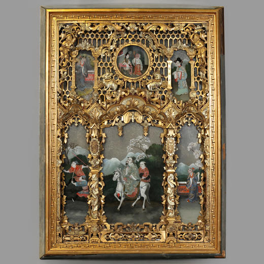 独角鹿西洋古董家居装饰墙壁挂饰中国镂雕金漆木框人物故事玻璃画 商品图4