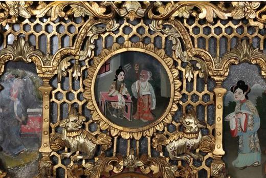 独角鹿西洋古董家居装饰墙壁挂饰中国镂雕金漆木框人物故事玻璃画 商品图3