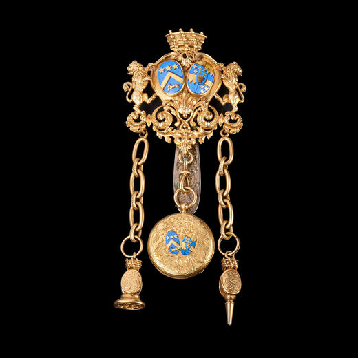 独角鹿西洋古董18k金银镀金镶嵌珐琅贵族定制印章钥匙腰链式怀表 商品图0