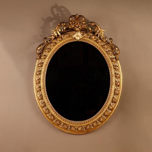独角鹿西洋古董法国路易十六古典茛苕雕饰木胎灰墁鎏金椭圆形挂镜 商品图0