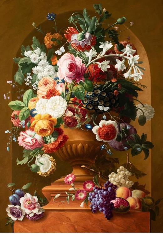 独角鹿西洋古董法国静物画壁龛中的古典花瓶与花卉布面油画?对 商品图2