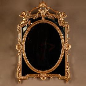 独角鹿西洋古董镜子法国新古典主义风格天使雕刻木胎灰墁鎏金挂镜