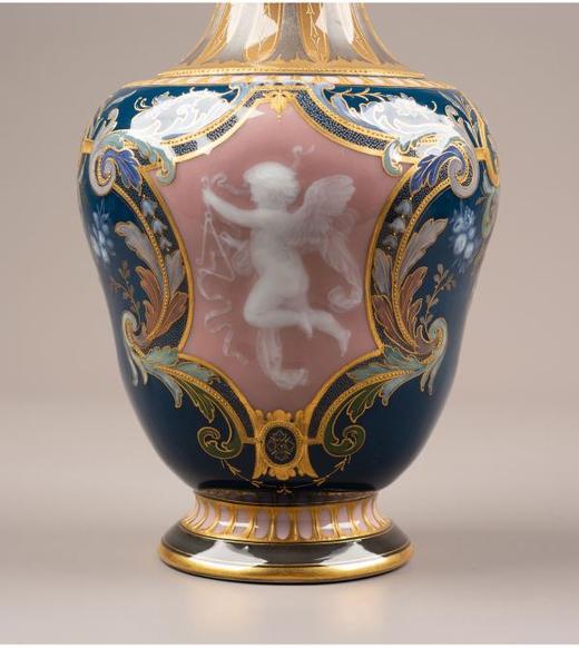 独角鹿西洋古董德国梅森瓷器珐琅蓝釉酒神浮雕玉石描银描金瓷瓶 商品图3