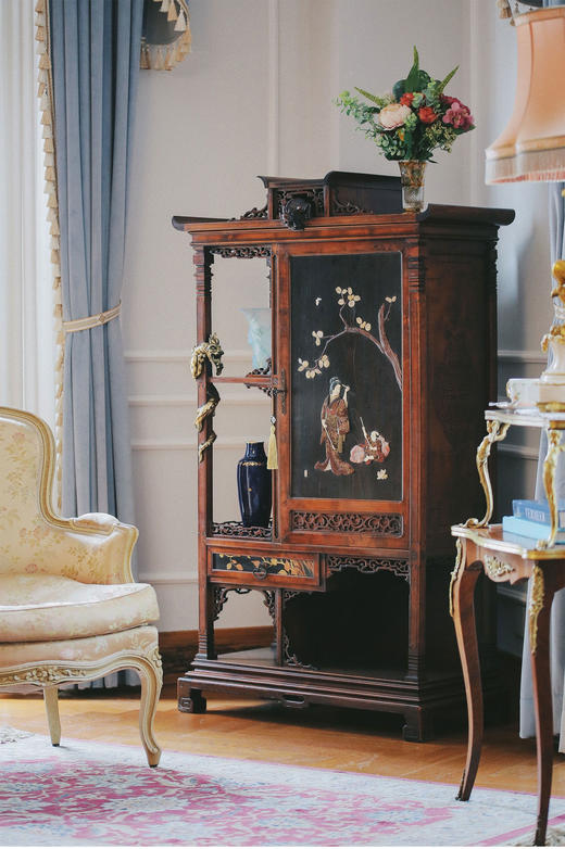 独角鹿西洋古董家具东方风格铜鎏金嵌象嵌花胡桃木多宝柜展柜立柜 商品图1