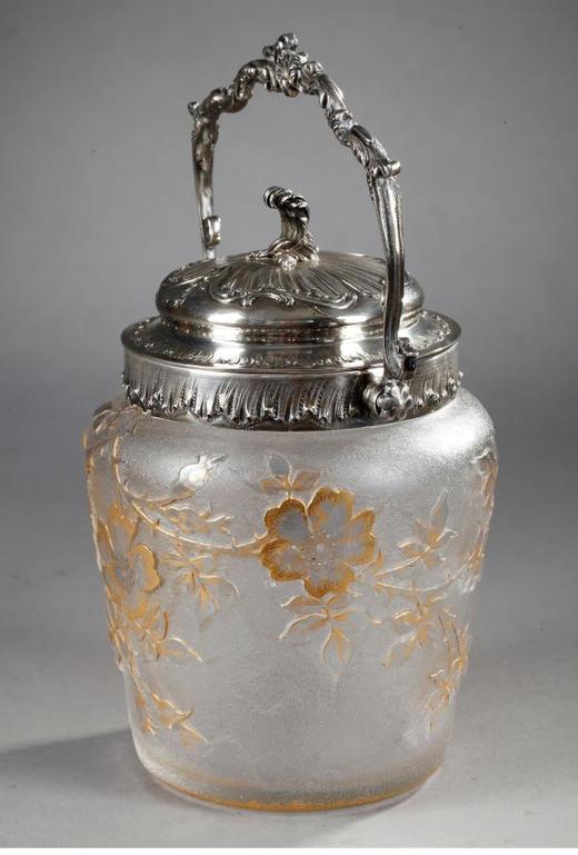 独角鹿西洋古董南锡派签名犬蔷薇蚀刻轮刻描金雕饰磨砂水晶饼干桶 商品图1