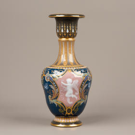 独角鹿西洋古董德国梅森瓷器珐琅蓝釉酒神浮雕玉石描银描金瓷瓶