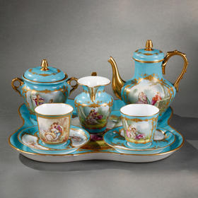 独角鹿西洋古董Samson瓷窑天蓝釉描金洛可可风双人下午茶瓷器套装
