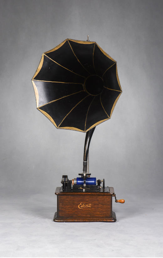 独角鹿西洋古董留声机黑胶唱片机Edison天鹅颈大喇叭蓝色蜡筒 商品图1