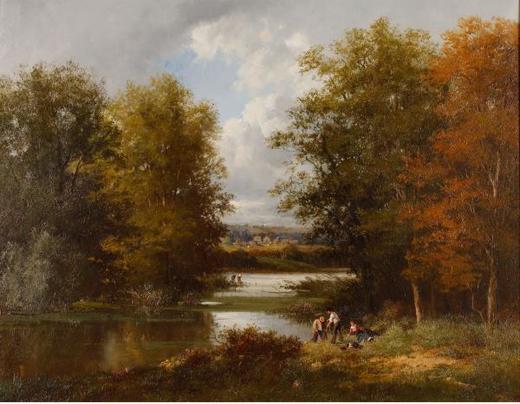 独角鹿西洋古董法国巴比松画派风格L. Leprou签名布面油画林中人 商品图1