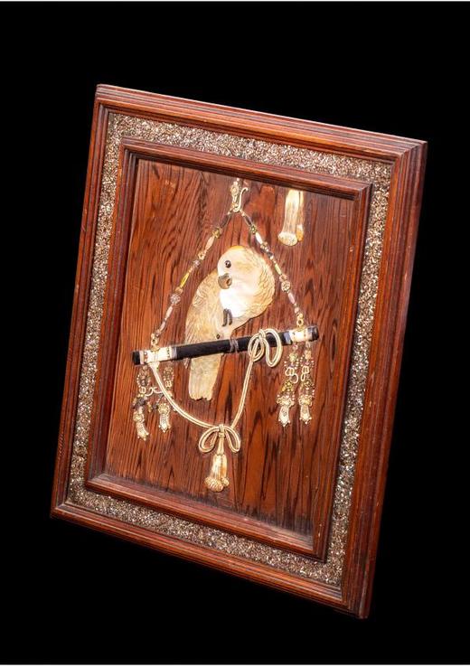 独角鹿西洋古董家居饰品1880年代日本明治时期鹦鹉主题芝山镶嵌画 商品图2