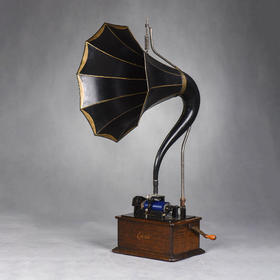 独角鹿西洋古董留声机黑胶唱片机Edison天鹅颈大喇叭蓝色蜡筒