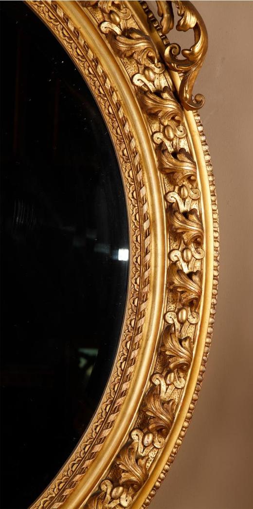 独角鹿西洋古董法国路易十六古典茛苕雕饰木胎灰墁鎏金椭圆形挂镜 商品图4