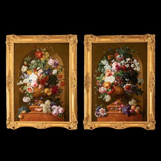 独角鹿西洋古董法国静物画壁龛中的古典花瓶与花卉布面油画?对 商品图0