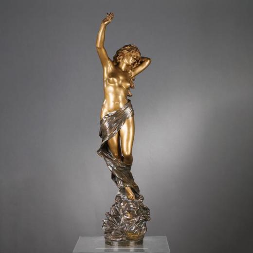 独角鹿西洋古董法国雕塑家Henri ALLOUARD铜鎏金雕塑《宁芙女神》 商品图0