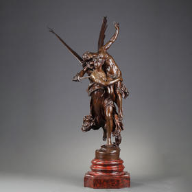 独角鹿西洋古董法国雕塑家签名青铜鎏金雕塑摆件红色大理石底座