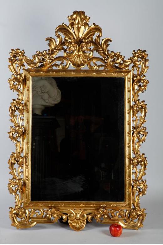 独角鹿西洋古董意大利洛可可风卷草贝壳纹雕刻实木金漆方形挂镜 商品图1