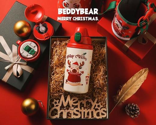 【圣诞礼物】杯具熊圣诞款口袋杯儿童保温杯幼儿园四叶草麋鹿喝水杯带杯套吸管(630ml) 商品图1