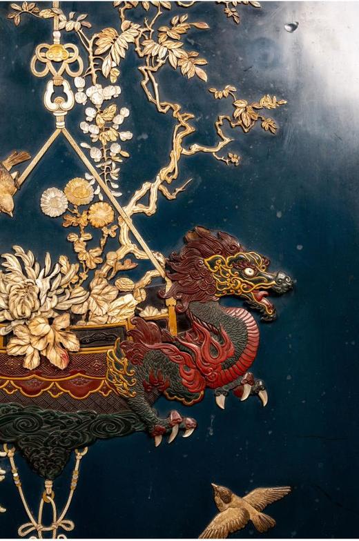 独角鹿西洋古董家居日本明治时期蓝漆地传统博古主题芝山镶嵌画 商品图4