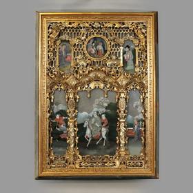 独角鹿西洋古董家居装饰墙壁挂饰中国镂雕金漆木框人物故事玻璃画