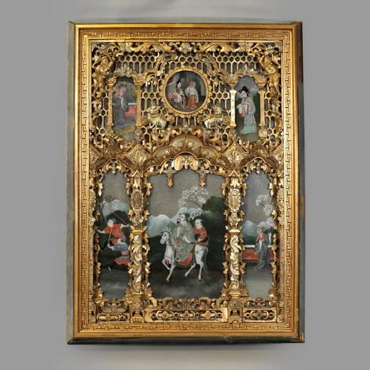 独角鹿西洋古董家居装饰墙壁挂饰中国镂雕金漆木框人物故事玻璃画 商品图0