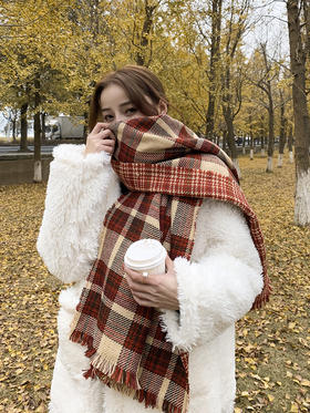 【秋冬必备~时尚男女围巾！】百搭新款经典英伦复古红色格子围巾女秋冬季韩版百搭双面千鸟格学生围脖潮 挚爱之选~