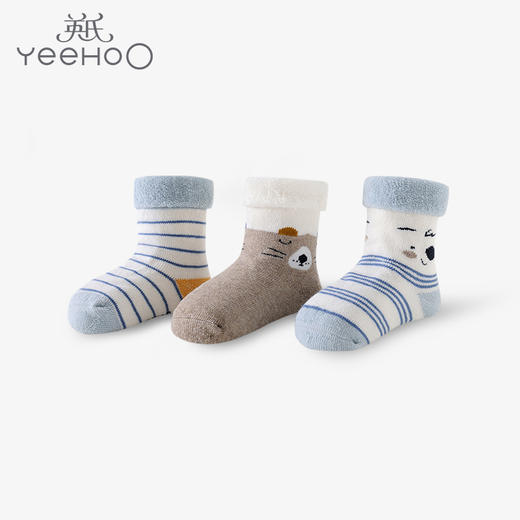 英氏新生婴儿加绒加厚保暖袜子宝宝3双装棉袜冬季YIWBJ31098A01 商品图0