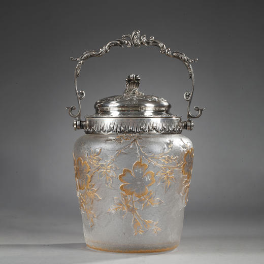 独角鹿西洋古董南锡派签名犬蔷薇蚀刻轮刻描金雕饰磨砂水晶饼干桶 商品图0