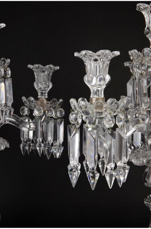 独角鹿西洋古董法国巴卡拉Medallion圆雕纹三枝头水晶烛台一对 商品图4